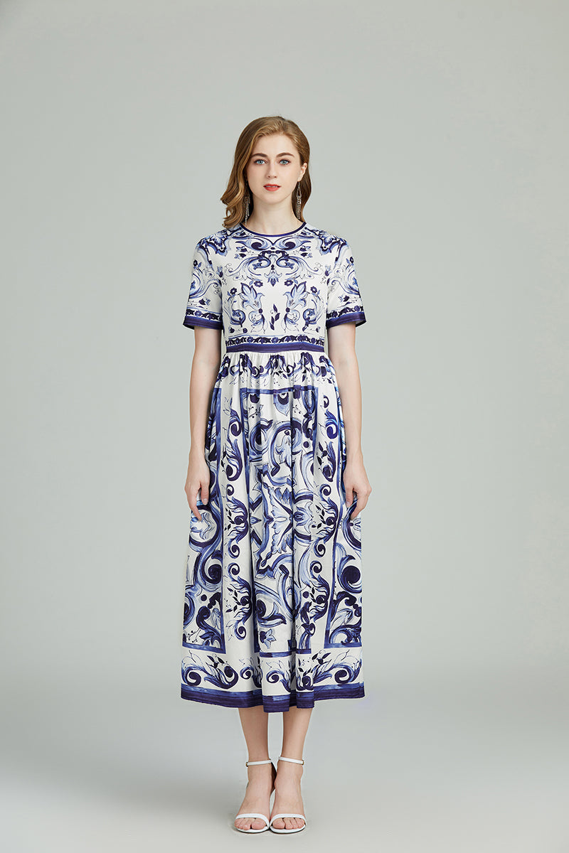 Printed Crew Neck Short Sleeve A Line Mixi Dress