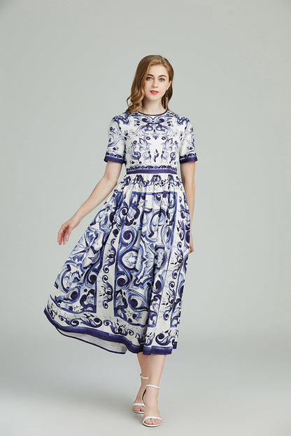 Printed Crew Neck Short Sleeve A Line Mixi Dress