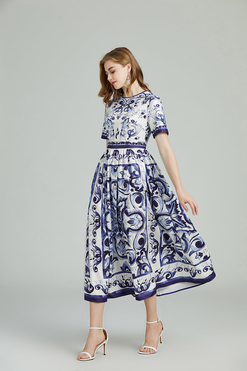 Printed Crew Neck Short Sleeve A Line Mixi Dress