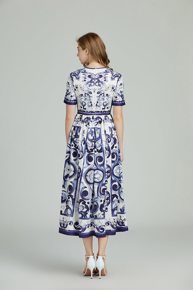 Printed Crew Neck Short Sleeve A Line Mixi Dress
