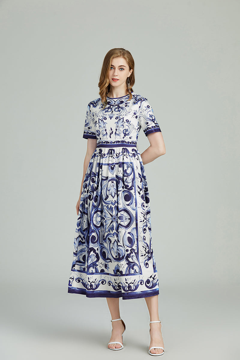 Printed Crew Neck Short Sleeve A Line Mixi Dress