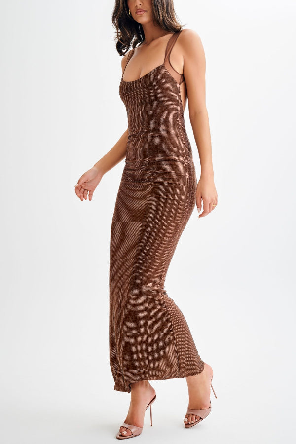 Sequin Mesh Wide Strap Scoop Neck Mermaid Hem Maxi Gown