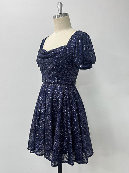 Dark Navy Mini Dress U-Neck Sequins Short Sleeves Birthday Party Dresses