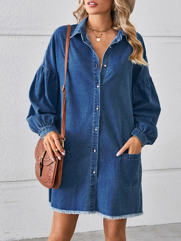 Long Sleeves Loose Buttoned Fringed Pleated Pockets Split-Joint Lapel Mini Dresses