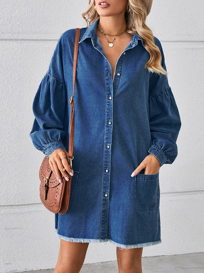 Long Sleeves Loose Buttoned Fringed Pleated Pockets Split-Joint Lapel Mini Dresses