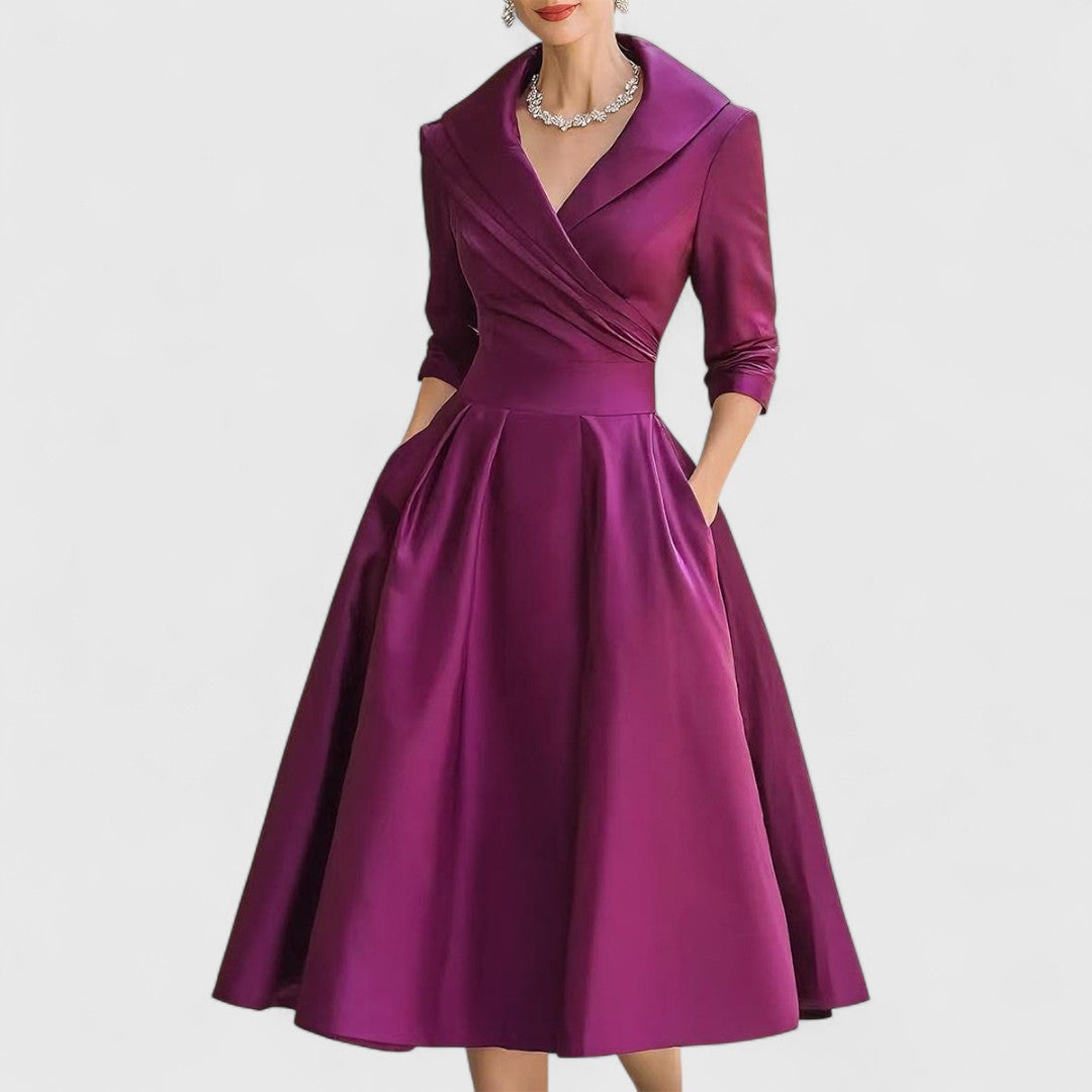 Shawl Collar Wrap Bodice Three Quarter Sleeve Pleated Pocket Midi Dress