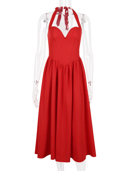 Corset Dress Halter Wide Strap Backless Party Midi Dresses In Solid Color