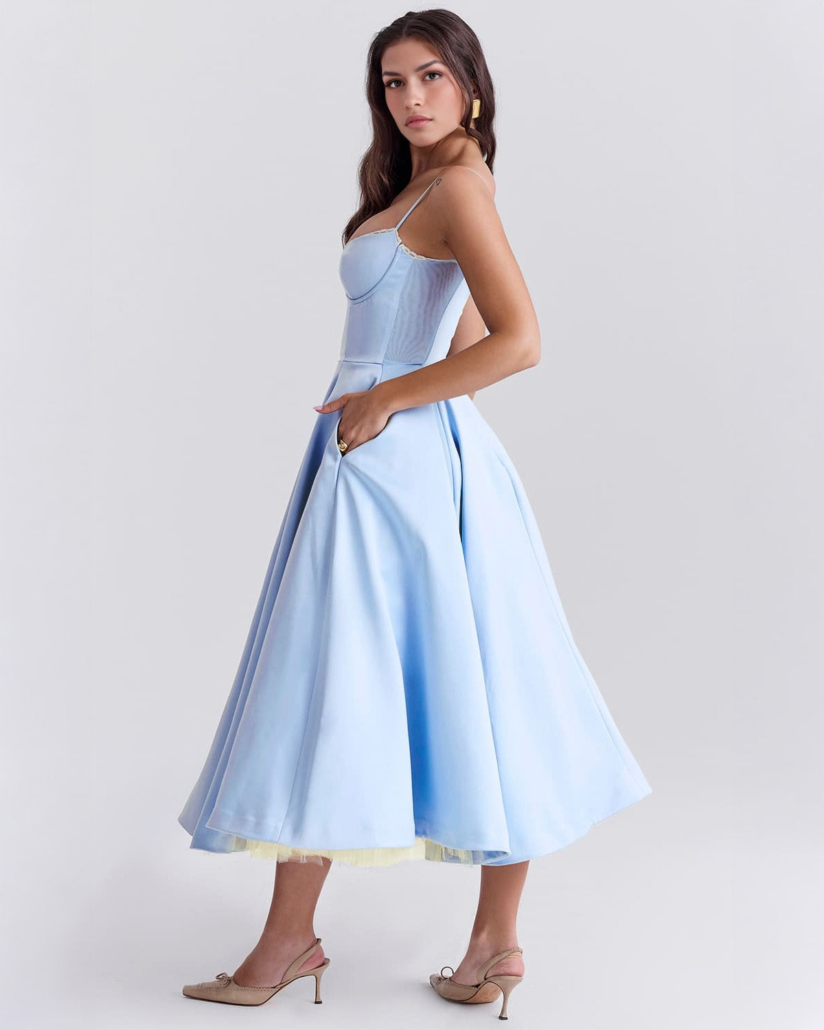 Sweetheart Spaghetti Strap Lace Trim Corset Bodice Fit and Flare Midi Dress