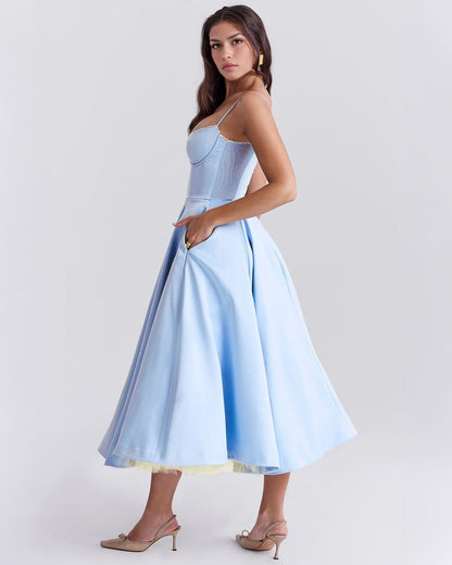 Sweetheart Bustier Spaghetti Strap Corset Tea Length Fit and Flare Midi Dress