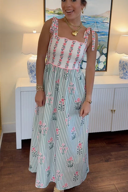 Margovil Tie Shoulder Back Lace-up Striped Floral Maxi Cami Dress