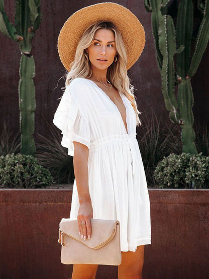 Mini Dresses White Short Sleeves Buttons Short Dress