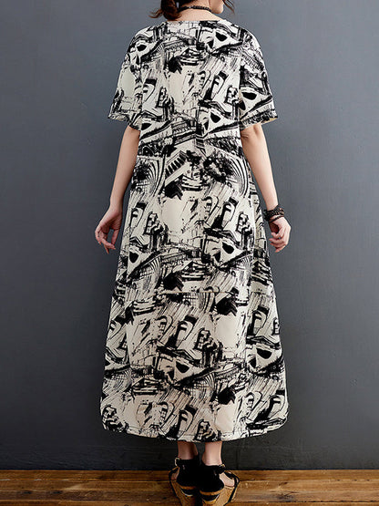 Half Sleeves Loose Abstract Printed Round-Neck Midi Dresses