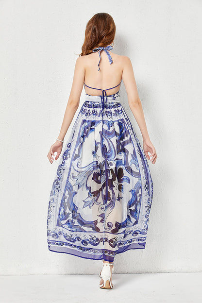 Strap Backless Pleated High Waist Slim Dress Tencel Dress