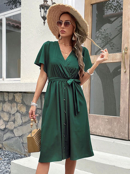 Lace Up Tatting Classic V-Neck Short Sleeves Midi Dress
