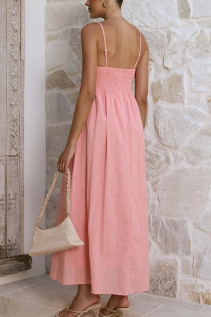 Solid Color Pleated Square Neck Suspender Casual Midi Dress