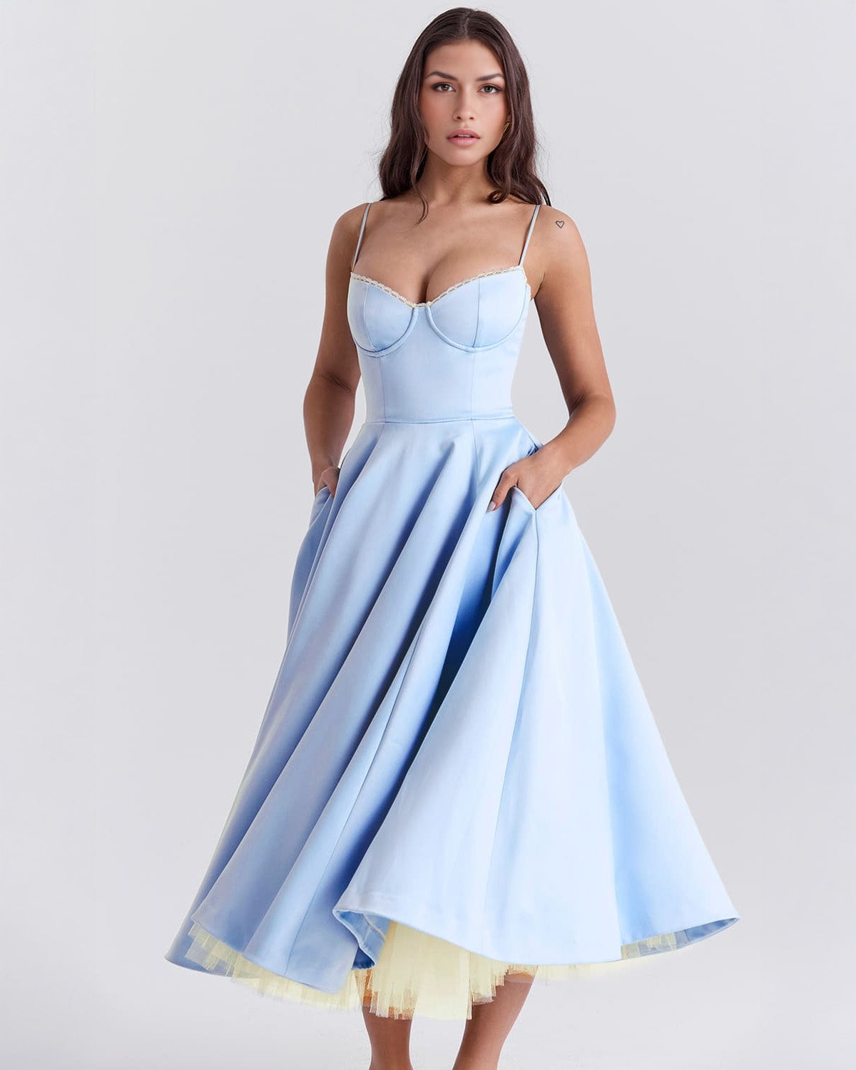 Sweetheart Bustier Spaghetti Strap Corset Tea Length Fit and Flare Midi Dress