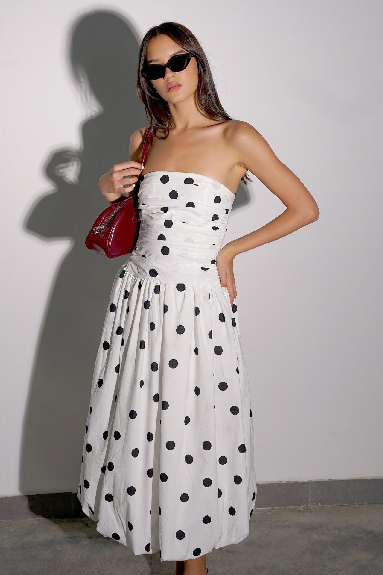 Strapless Ruched Bubble Hem Polka Dot Bodycon Midi Dress