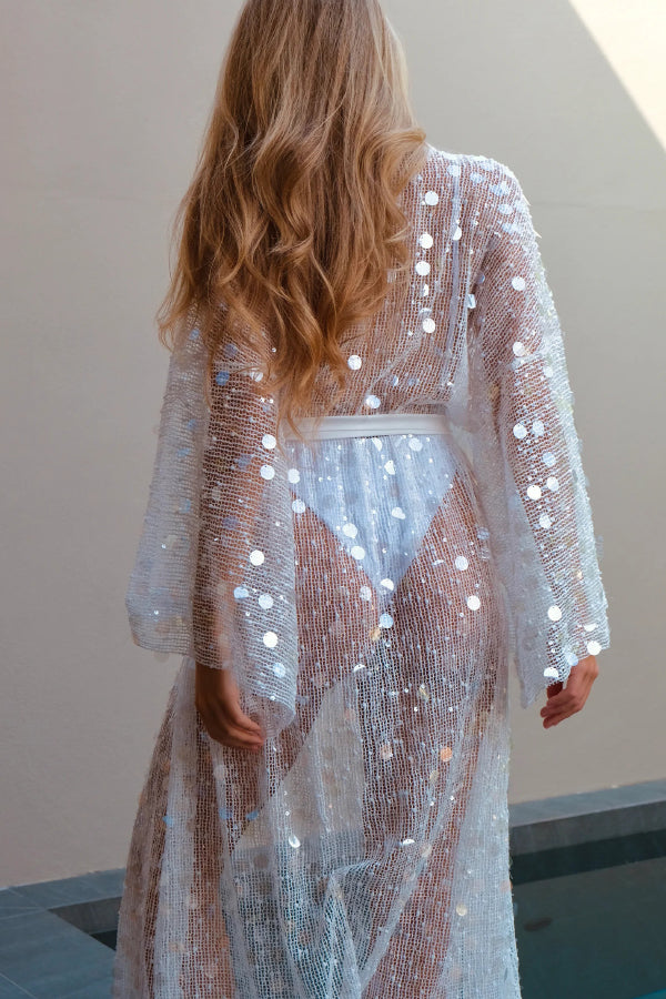 Fashionable Sequined Loose Long-sleeved Tie-front Holiday Casual Cover-up