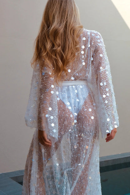 Fashionable Sequined Loose Long-sleeved Tie-front Holiday Casual Cover-up