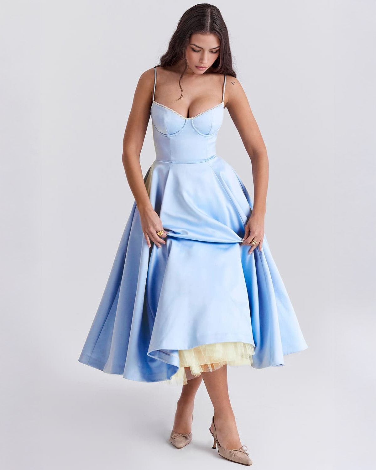 Sweetheart Spaghetti Strap Lace Trim Corset Bodice Fit and Flare Midi Dress