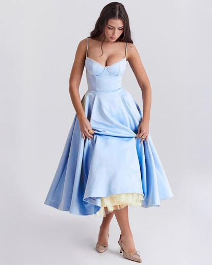 Sweetheart Spaghetti Strap Lace Trim Corset Bodice Fit and Flare Midi Dress