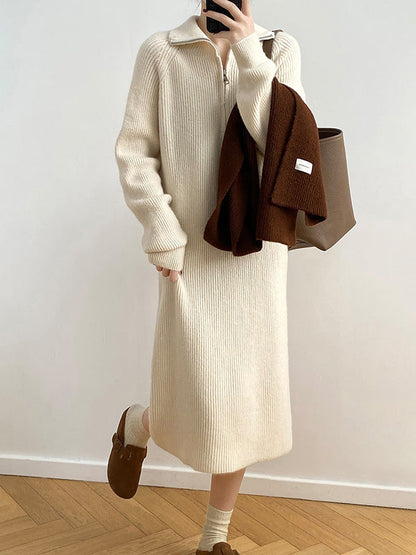 Casual Loose Long Sleeves Solid Color Zipper High-Neck Sweater Dresses