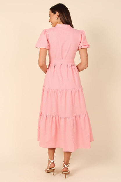 Puff Sleeve Cotton Short Sleeved Belt Dress