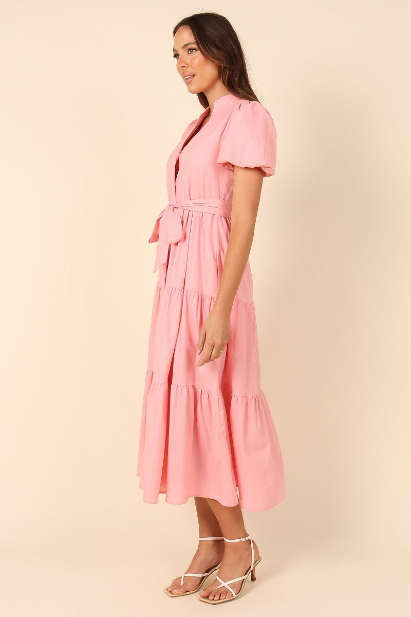 Puff Sleeve Cotton Short Sleeved Belt Dress
