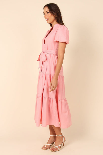 Puff Sleeve Cotton Short Sleeved Belt Dress