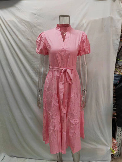 Puff Sleeve Cotton Short Sleeved Belt Dress