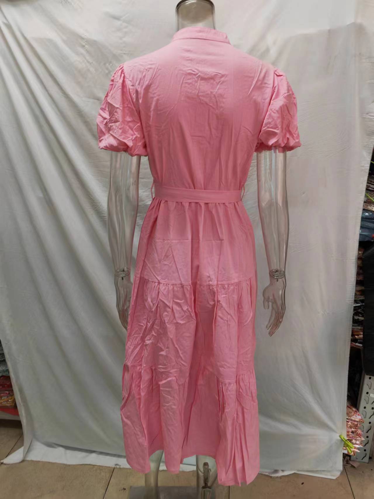 Puff Sleeve Cotton Short Sleeved Belt Dress