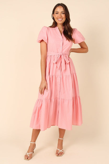 Puff Sleeve Cotton Short Sleeved Belt Dress