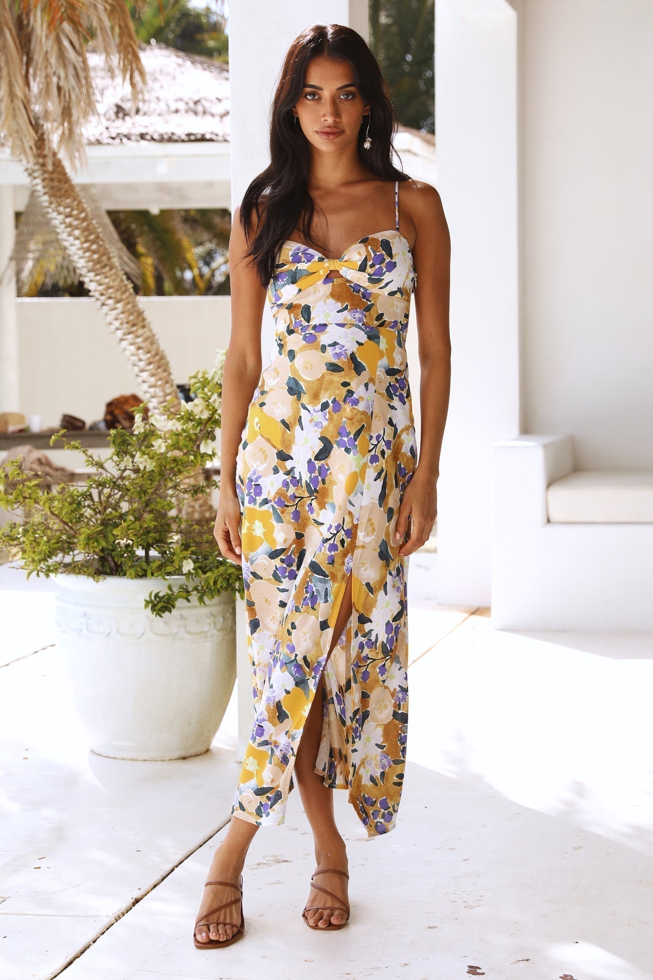 Sweetheart Knot Cutout Spaghetti Strap Floral Side Slit Maxi Dress