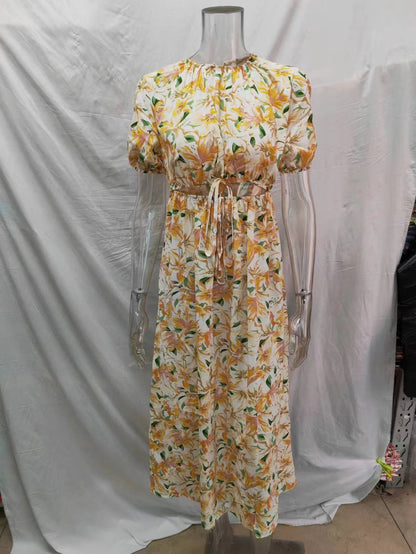 Waist Revealing Long Dress Printed Short Sleeve Puff Sleeve Dress