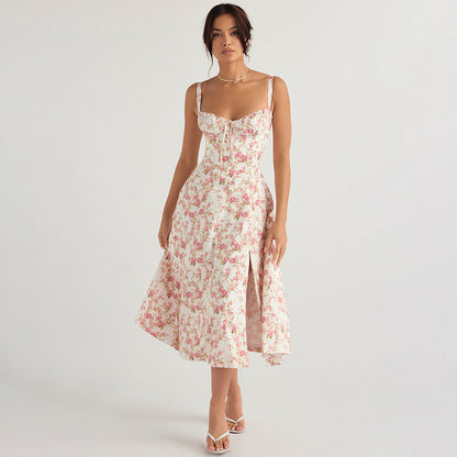 Backless Slim Fit Strap Dress Vacation Floral Split Mid Length Dress