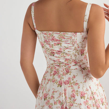 Backless Slim Fit Strap Dress Vacation Floral Split Mid Length Dress