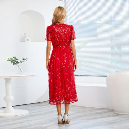 Embroidered Bright Yarn Mesh DressSlim Fit V neck Mid Length Dress