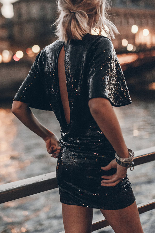 Countdown Celebration Sequin Short Bell Sleeve Open Back Ruched Mini Dress