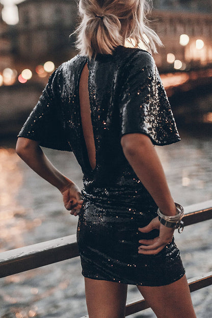 Countdown Celebration Sequin Short Bell Sleeve Open Back Ruched Mini Dress