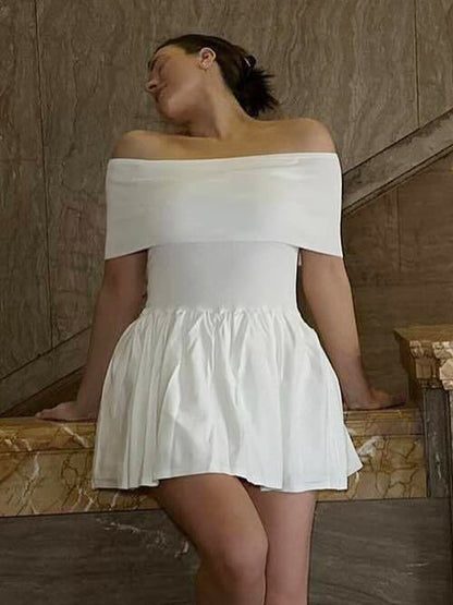 Skater Dresses Polyester Bateau Neck Pleated White Elegant Sleeveless Flared Dress Mini Dresses