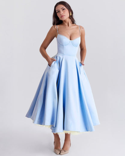 Sweetheart Spaghetti Strap Lace Trim Corset Bodice Fit and Flare Midi Dress