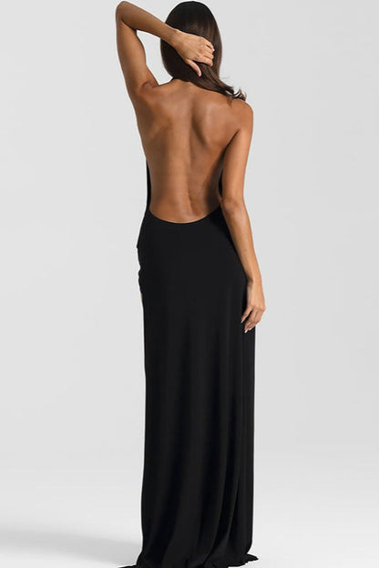 | Solid Halter Deep V Backless Slit Maxi Dress