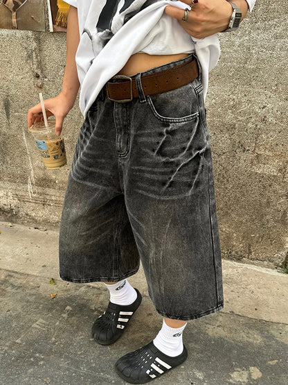 Vintage Washed Lightning Bolt Pattern Denim Shorts