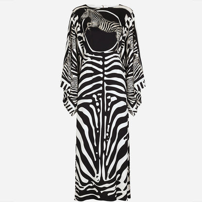 Distinctive Horse Head Print Striped Contrast Dress High Waist Trumpet Sleeve Split Dress