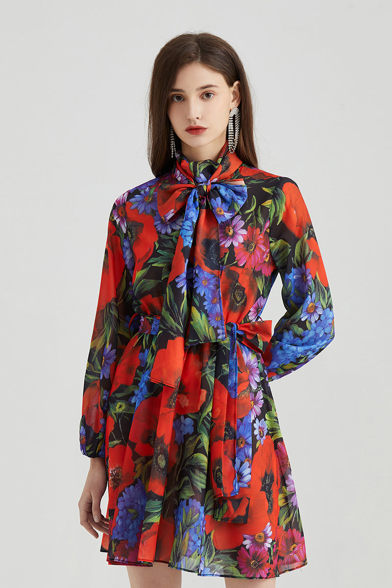 Rose Printed Chiffon Long-sleeved Dress Collar Silk Scarf Bow Strap High Waist Dress