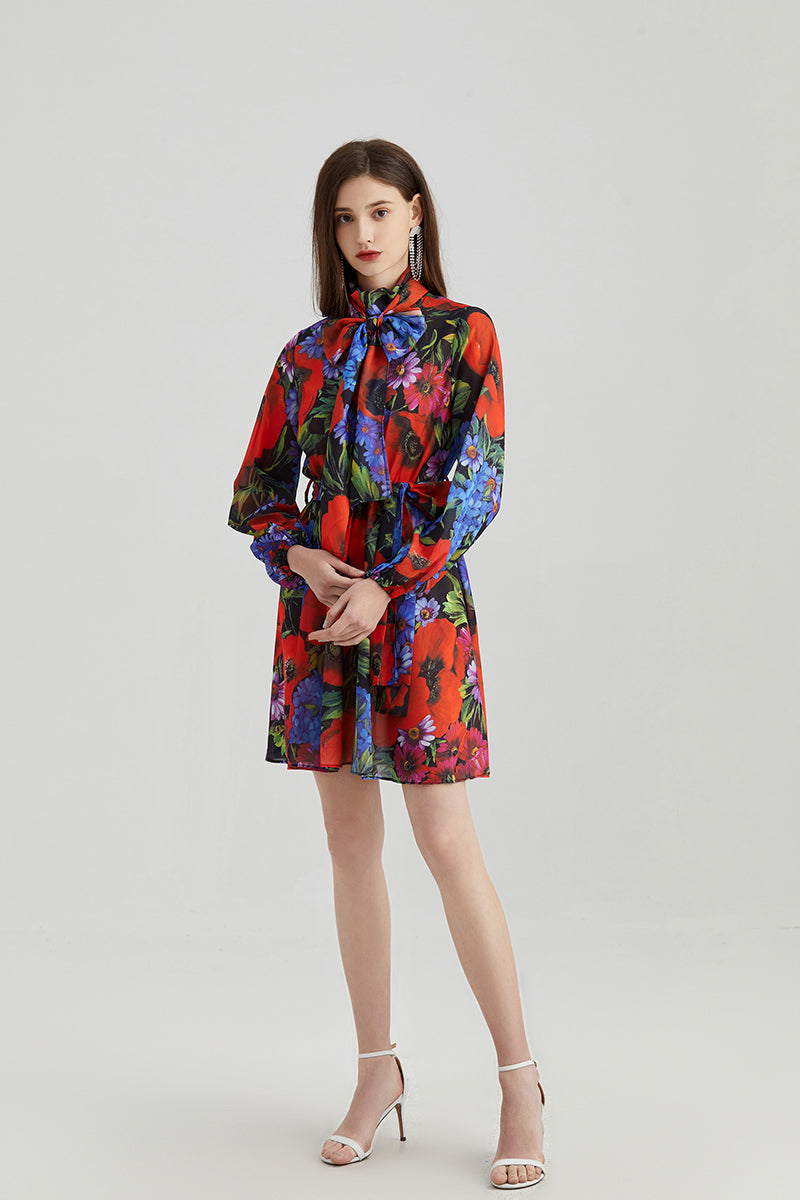 Rose Printed Chiffon Long-sleeved Dress Collar Silk Scarf Bow Strap High Waist Dress