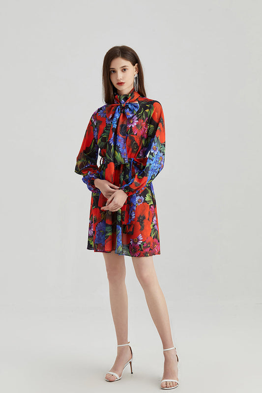Rose Printed Chiffon Long-sleeved Dress Collar Silk Scarf Bow Strap High Waist Dress