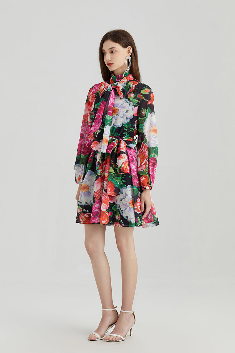 Rose Printed Chiffon Long-sleeved Dress Collar Silk Scarf Bow Strap High Waist Dress
