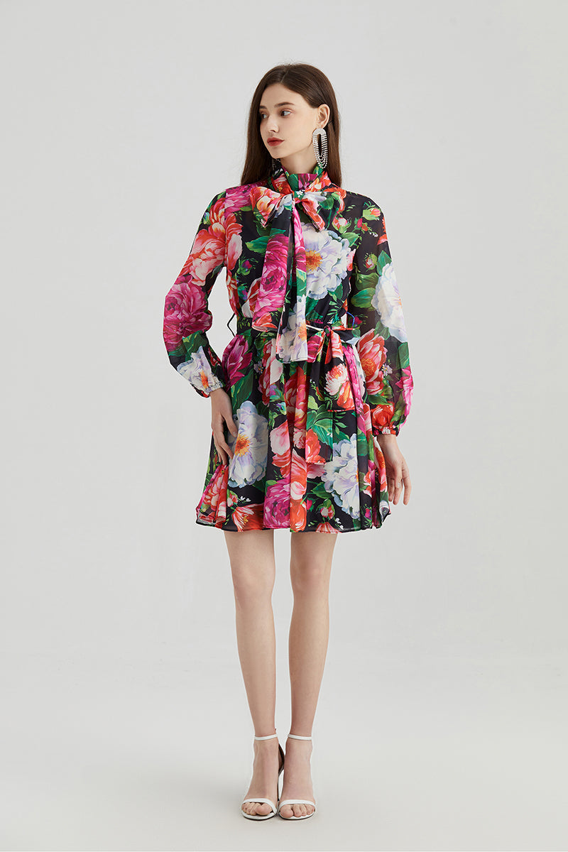 Rose Printed Chiffon Long-sleeved Dress Collar Silk Scarf Bow Strap High Waist Dress