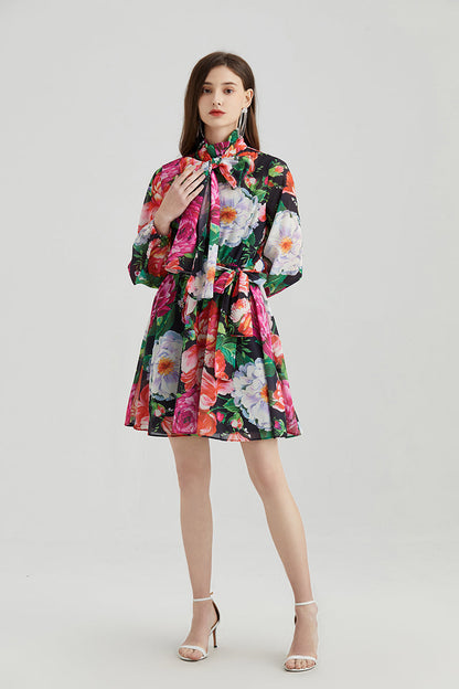 Rose Printed Chiffon Long-sleeved Dress Collar Silk Scarf Bow Strap High Waist Dress